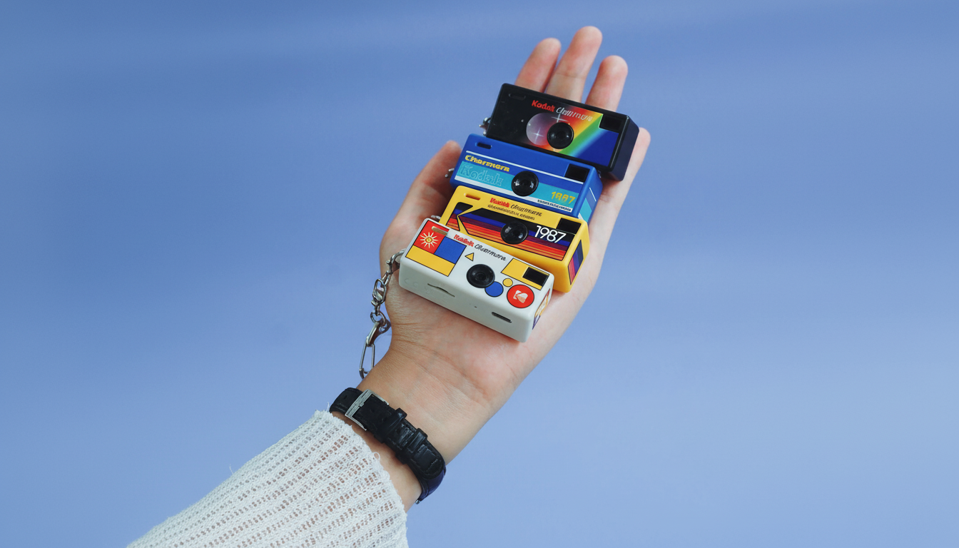A hand holds four miniature Kodak Charmera keychain digital cameras, stacked on top of each other, against a light blue background.