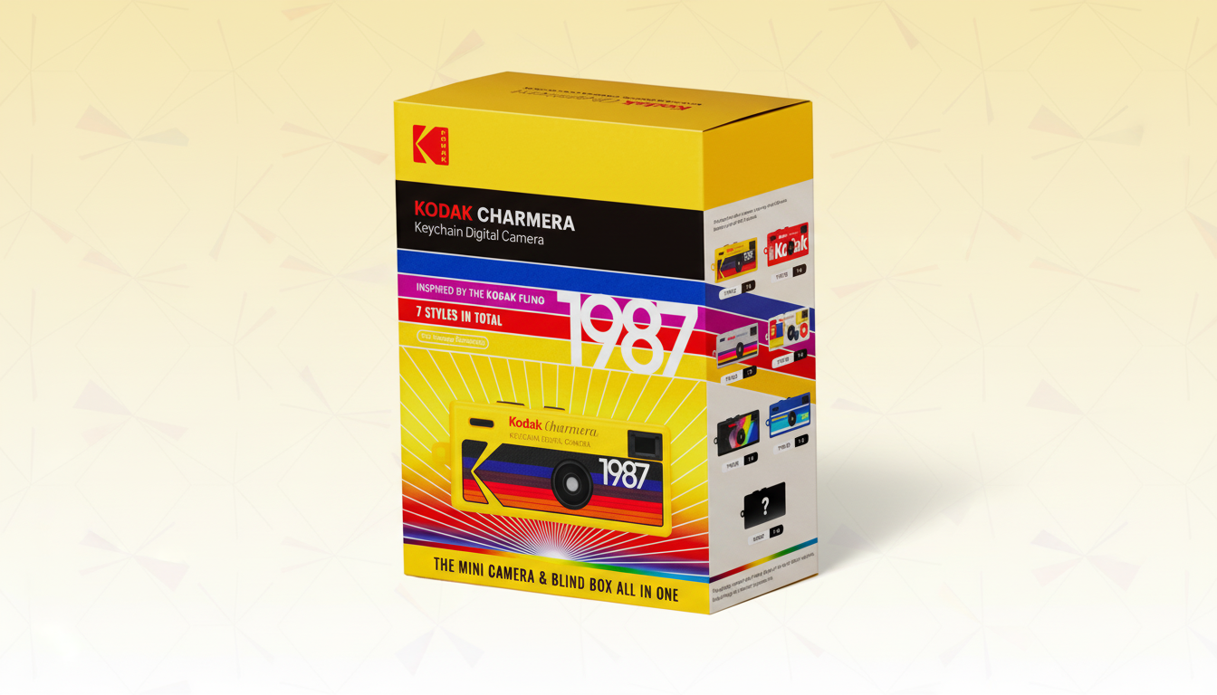A yellow box for a Kodak Charmera Keychain Digital Camera, with a retro design featuring a rainbow-striped camera and the year 1987, set against a professional flat design background with soft patterns.