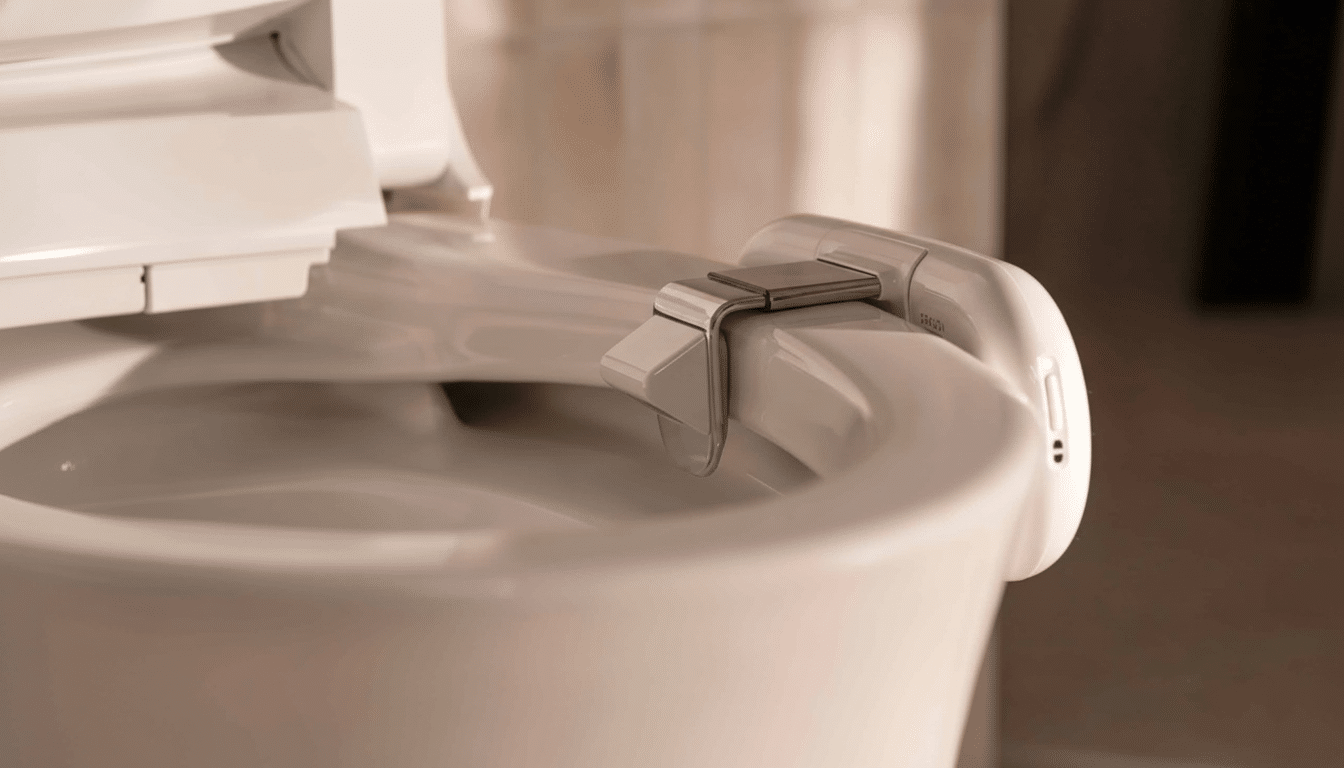 A close -up, enhanced , and professionally presented image of a modern toilet with an attached bidet seat , resized to a 1 6:9 aspect ratio. The b idet mechanism is light gray and sleek ly integrated with the white toilet bowl .