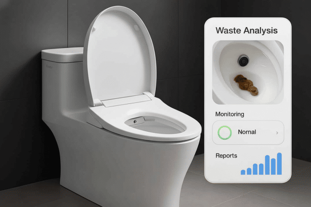 A modern white toilet with its lid up , next to a smartphone screen displaying a Waste Analysis app showing Normal monitoring and a bar graph for reports, with an image of stool inside a toilet bowl on the app .