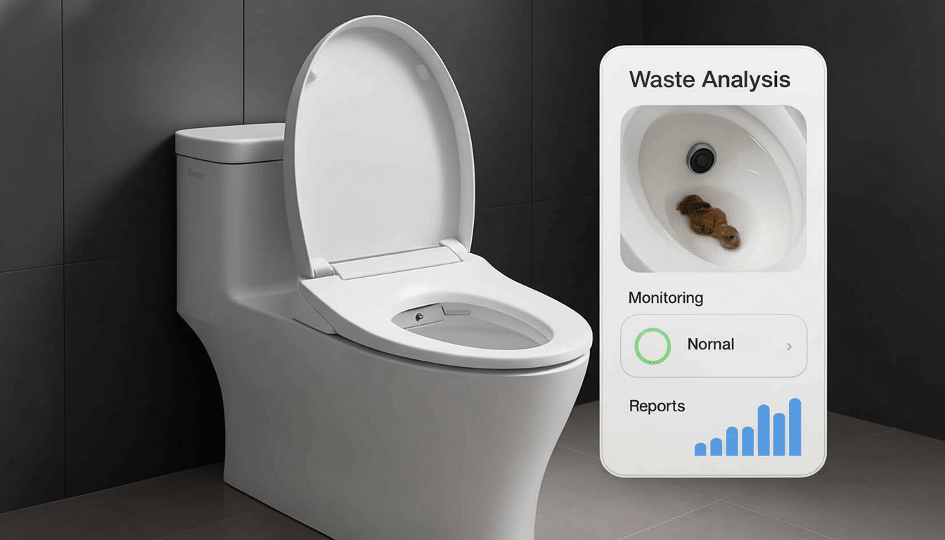 A modern white toilet with its lid up , next to a smartphone screen displaying a Waste Analysis app showing Normal monitoring and a bar graph for reports, with an image of stool inside a toilet bowl on the app .