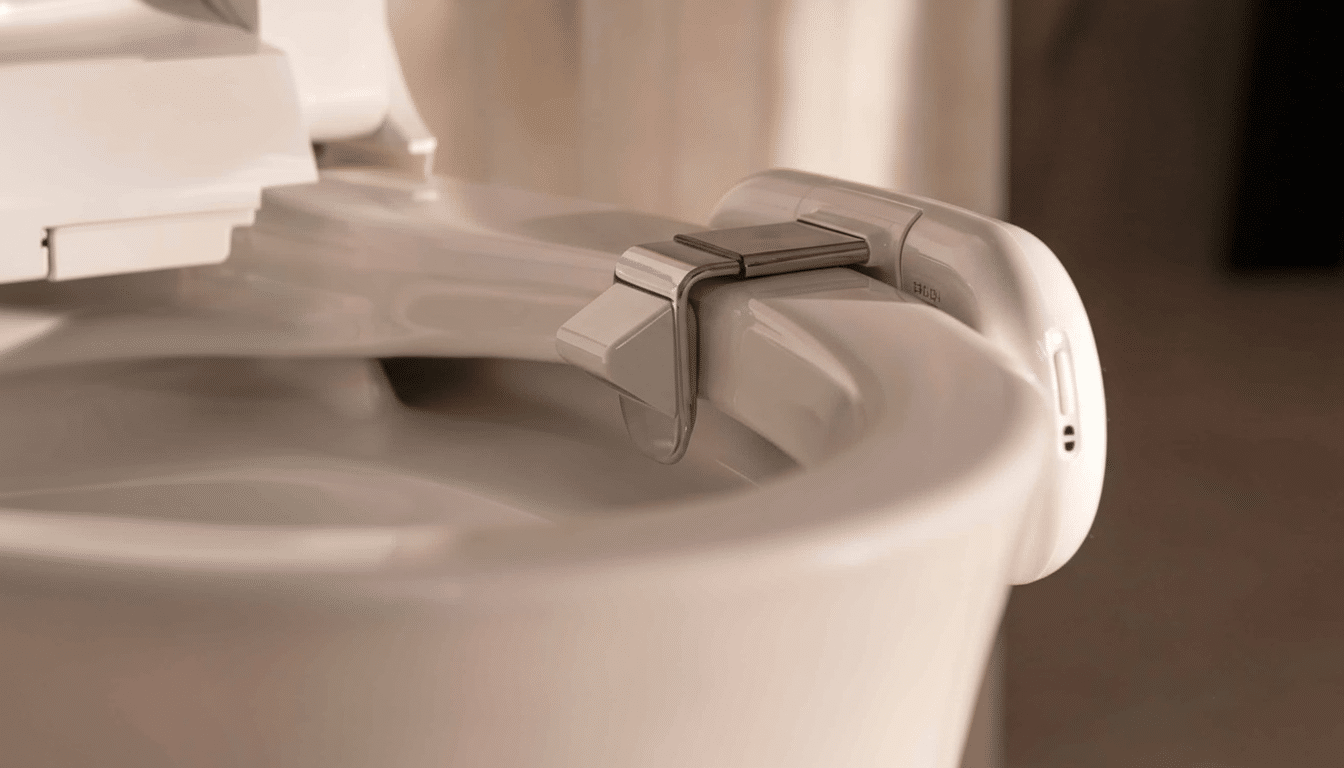 A close -up shot of a modern white bidet toilet seat with a sleek , minimalist design, showing the attachment mechanism.