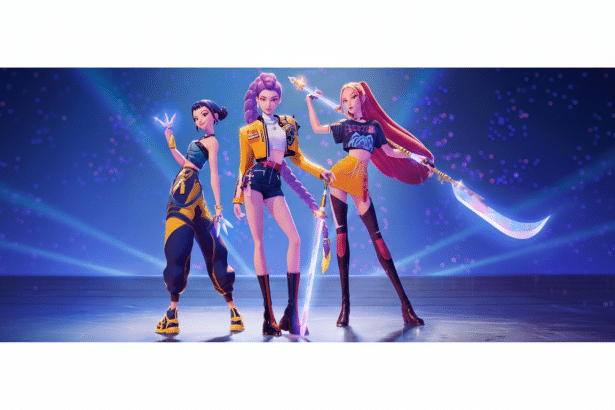 Three stylized female characters from K / DA , each with unique outfits and weapons , posed against a vibrant blue and purple background. The image has been resized to a 16 :9 aspect ratio , maintaining the original background .