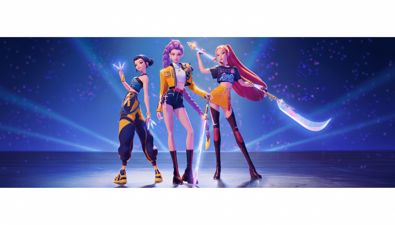 Three stylized female characters from K / DA , each with unique outfits and weapons , posed against a vibrant blue and purple background. The image has been resized to a 16 :9 aspect ratio , maintaining the original background .