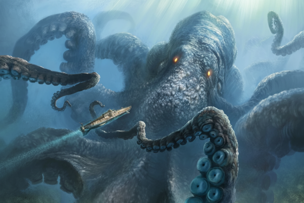 An enormous kra ken, with glowing orange eyes, looms over a small submarine in the deep blue ocean. Its massive tentacles surround the vessel .
