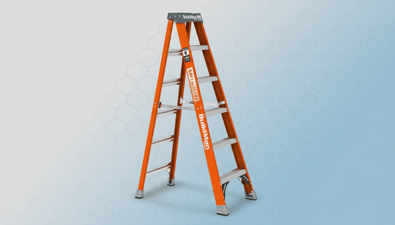 A professional image of an orange BuildMan step ladder with silver steps, set against a soft blue and white gradient background with a subtle hexagonal pattern.