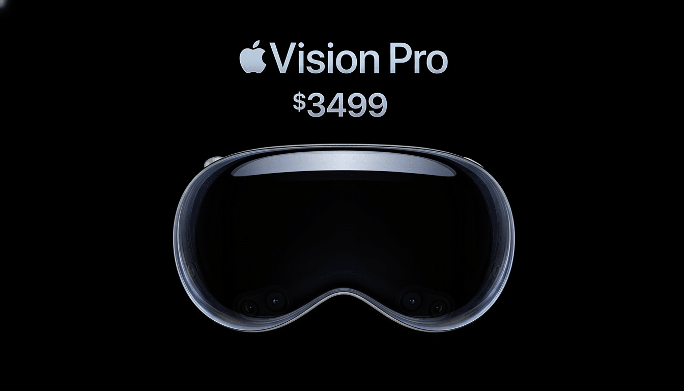 The Apple Vision Pro headset, priced at  499, against a minimalist black background.