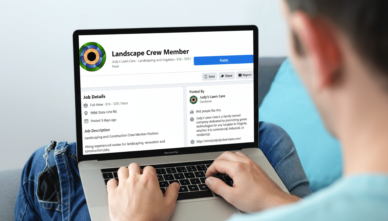 A person viewing a job posting for a Landscape Crew Member on a MacBook Pro.