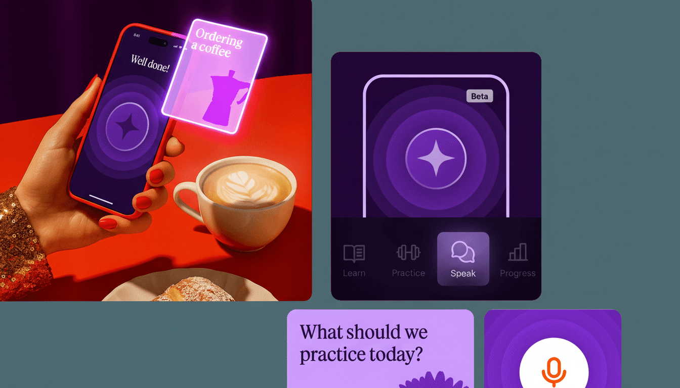 A hand holding a smartphone displaying a language learning app, with a coffee cup and croissant on a red surface, alongside other app interface elemen
