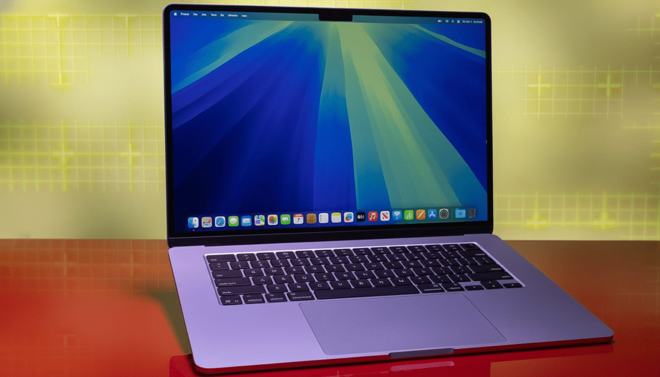 A professional shot of a modern laptop with a vibrant blue and green desktop background, resized to a 16: 9 aspect ratio.