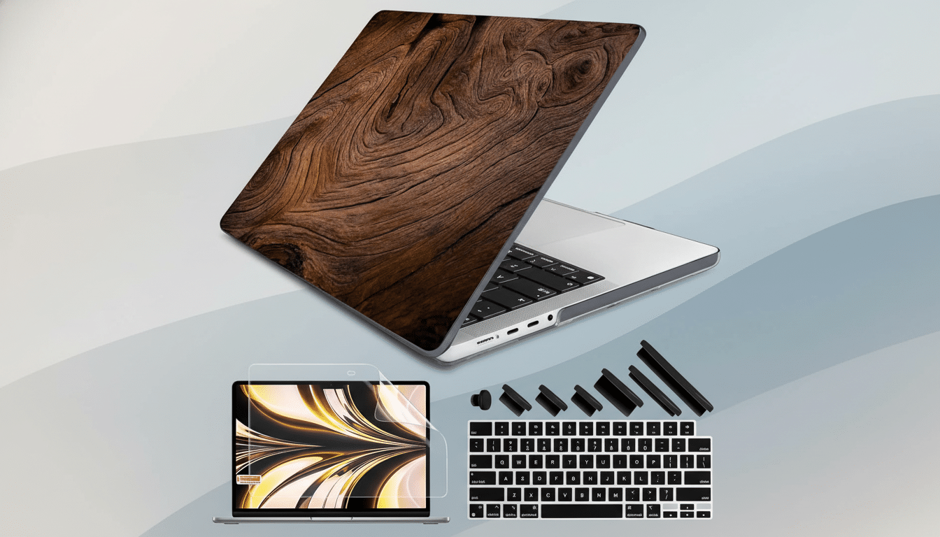 An array of laptop accessories, including a laptop with a wooden- patterned cover , a screen protector , and a black keyboard cover, presented against a professional flat background with soft patterns.