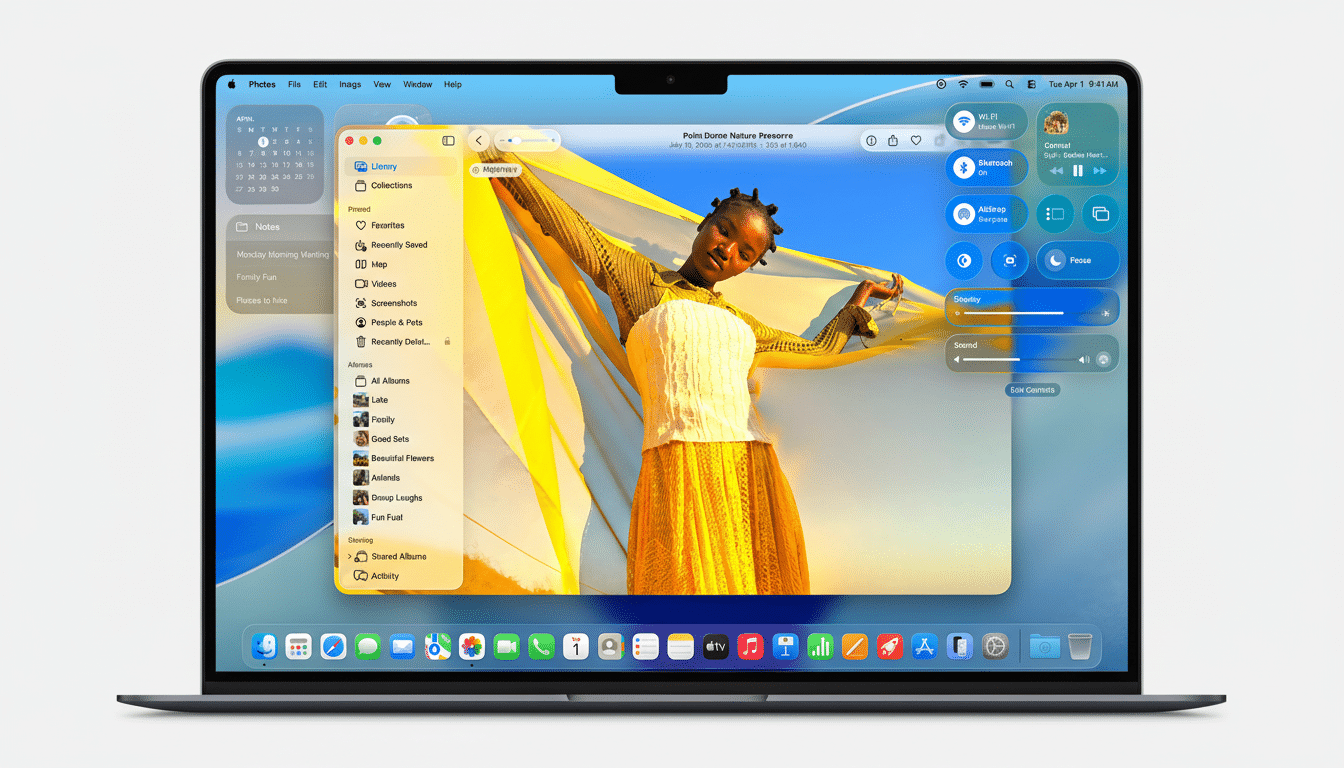 A professional shot of a laptop displaying an image of a woman in a yellow dress .