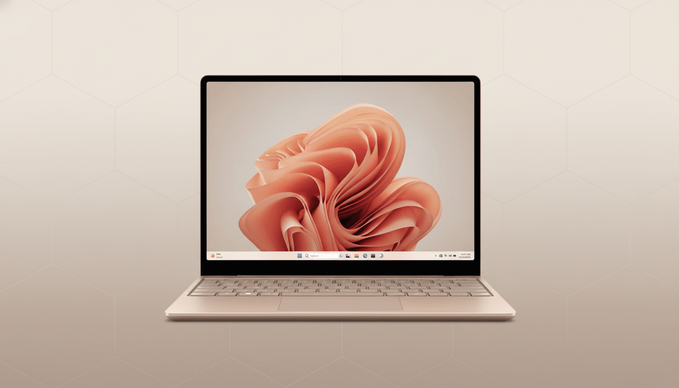 A professional shot of a modern , thin laptop with a gold -colored chassis and a vibrant peach- colored abstract wallpaper displayed on its screen. The background is a soft, light beige with a subtle geometric pattern, presenting the laptop in a clean and elegant manner. Filename : laptopgold geometric background .png