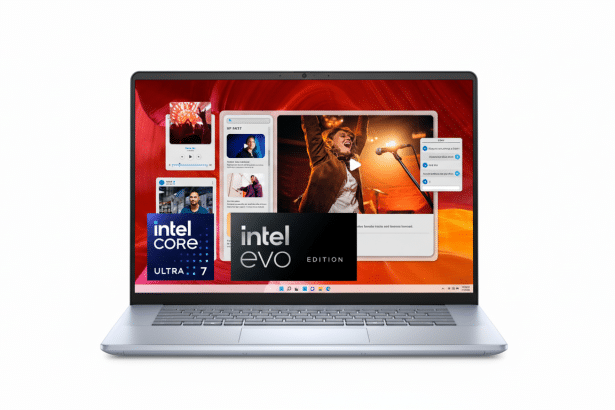 A professional shot of a silver laptop displaying a vibrant red and orange wavy background with several open application windows, including one showing an Intel Core Ultra 7 logo and another with an Intel Evo Edition logo.
