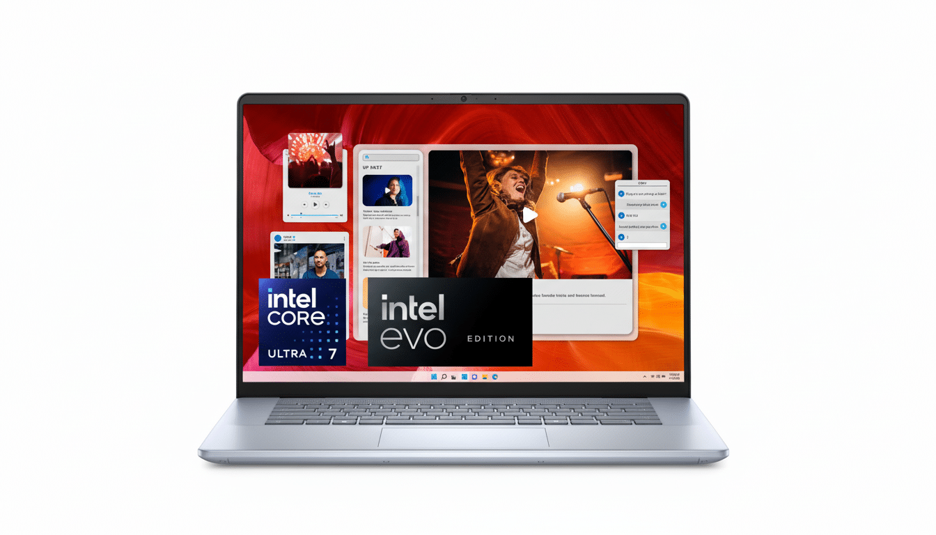 A professional shot of a silver laptop displaying a vibrant red and orange wavy background with several open application windows, including one showing an Intel Core Ultra 7 logo and another with an Intel Evo Edition logo.