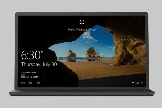 A laptop displaying a lock screen with a beach scene background , showing the time 6 :30, Thursday , July 3 0, and a reminder for Lunch with Bar bra. The laptop is centered against a professional flat gray background. Filename : laptoplock screenbeach 16x 9.png