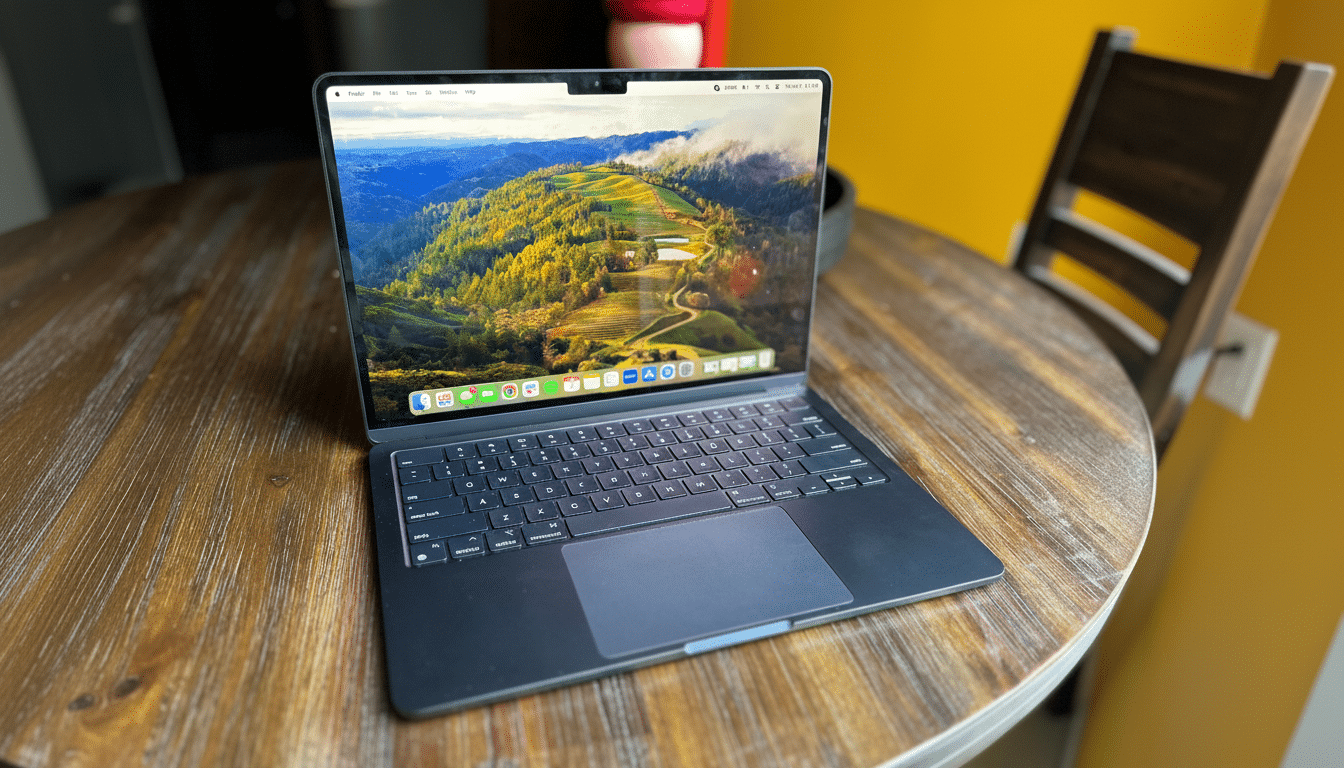 A modern laptop with a scenic desktop background, placed on a wooden table .