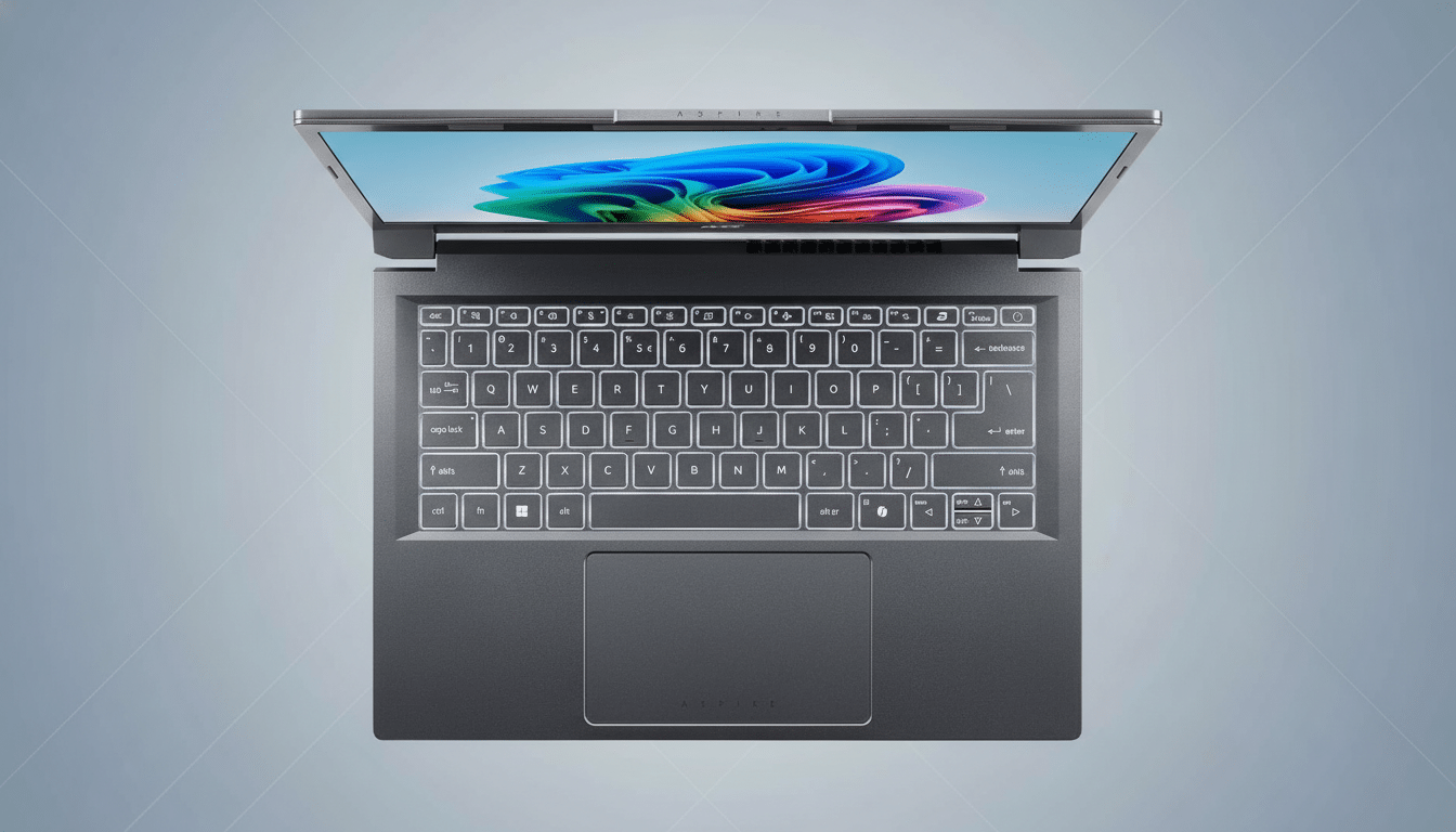 An overhead view of a dark grey laptop with a glowing white keyboard and a colorful abstract image on its screen, set against a subtle light grey gradient background. Filename : laptopoverhead view .png