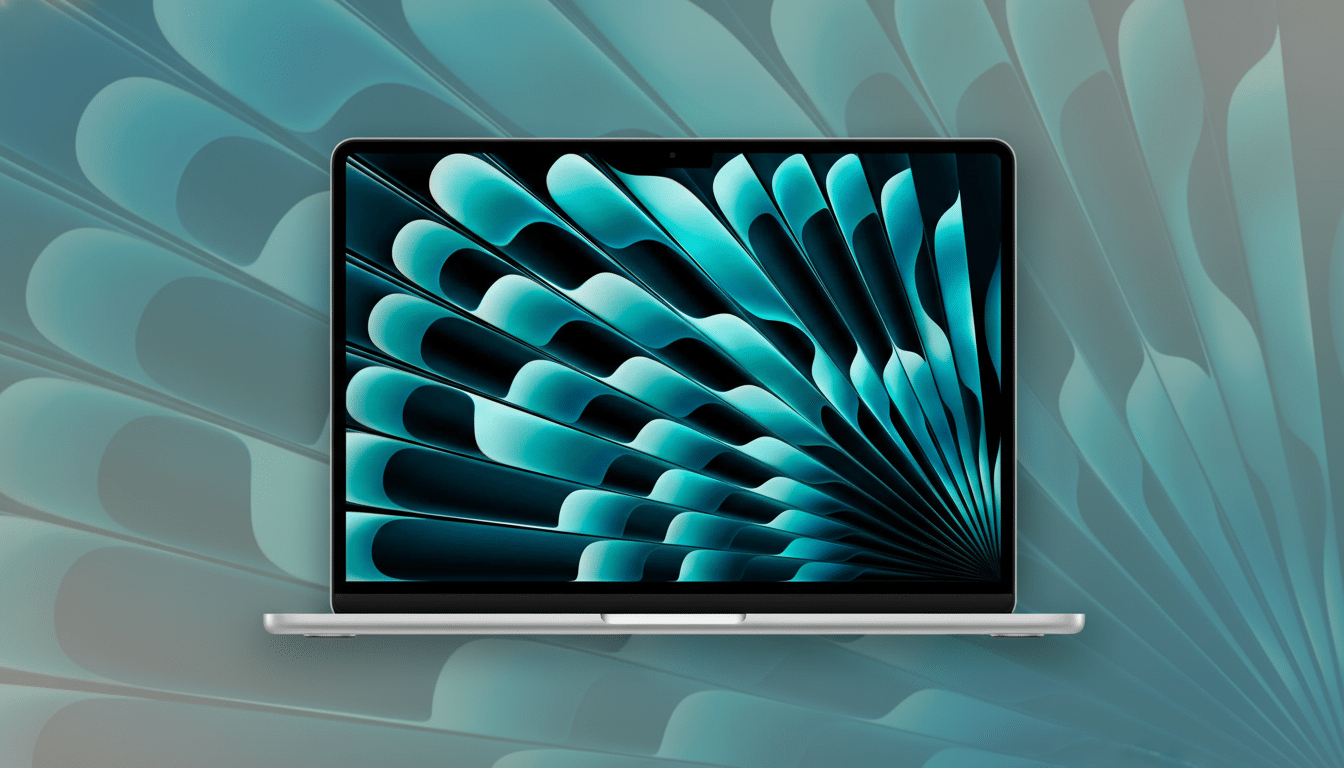 A silver laptop with a screen displaying abstract teal and black fan -like patterns, professionally presented on a soft, gradient background with a subtle , complementary fan pattern. Filename : laptopteal abstractdisplay .png