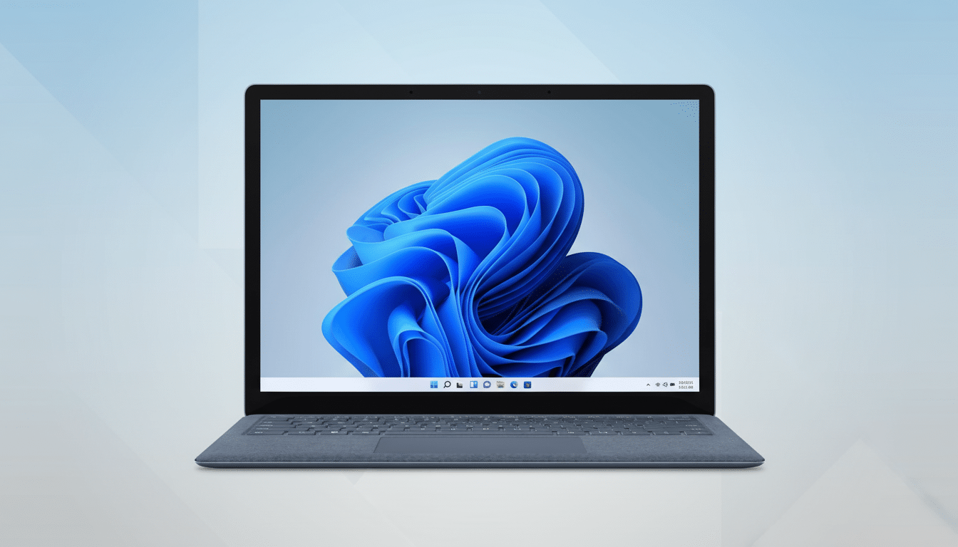 A front view of a dark blue laptop with the Windows 11 desktop displaying a blue abstract swirl. The background is a soft blue gradient with subtle ge