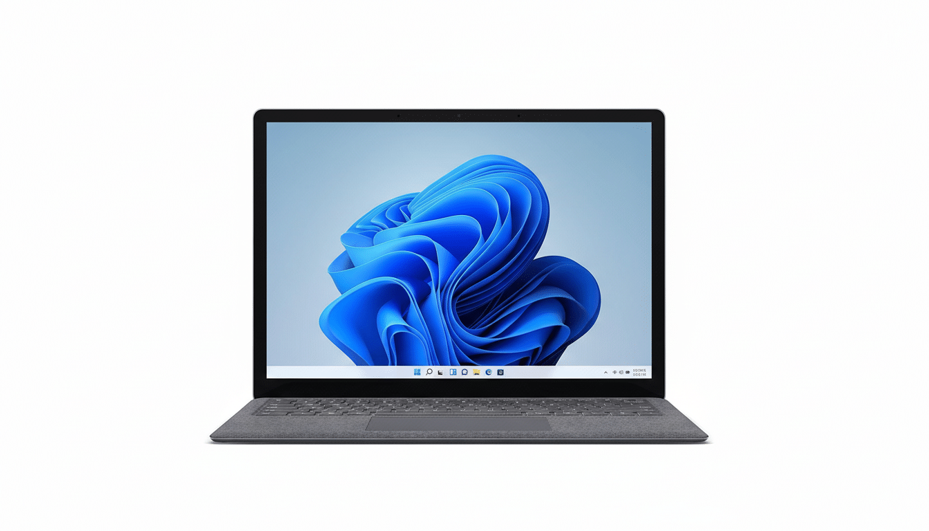 A professional, centered view of a gray laptop with a Windows 11 desktop displaying a blue abstract background, set against a clean white background.