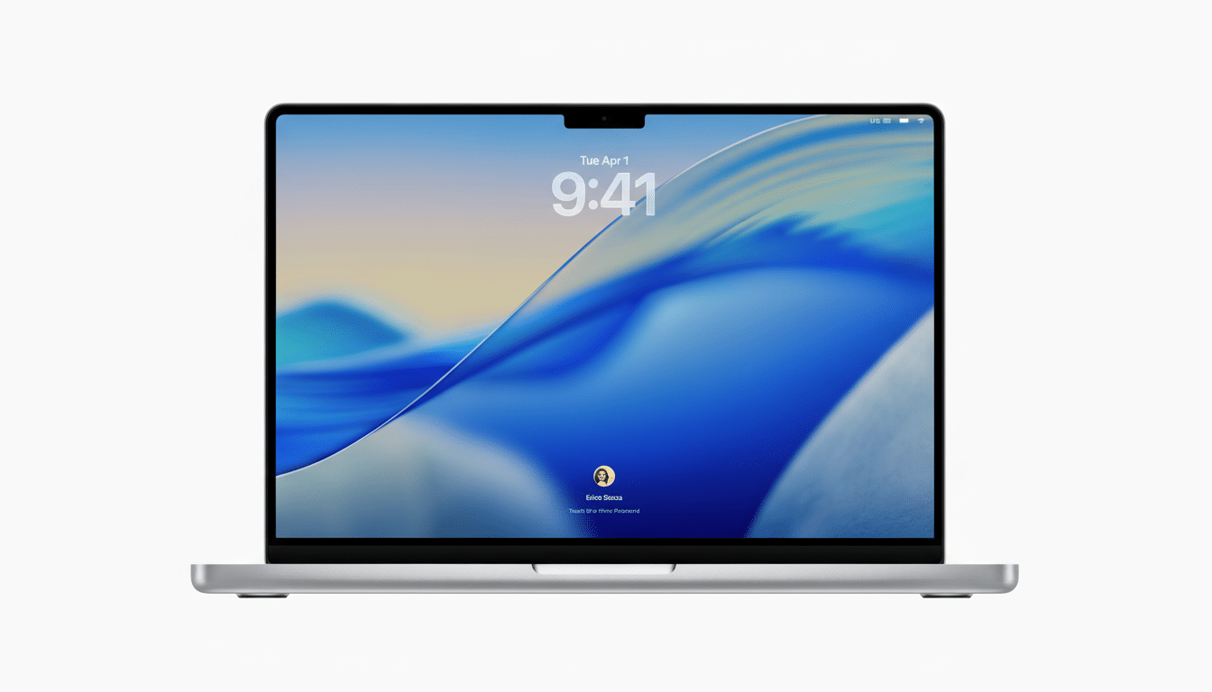 A silver laptop with a screen displaying a blue and yellow wave-like wallpaper, the time 9: 41, and a user profile icon.