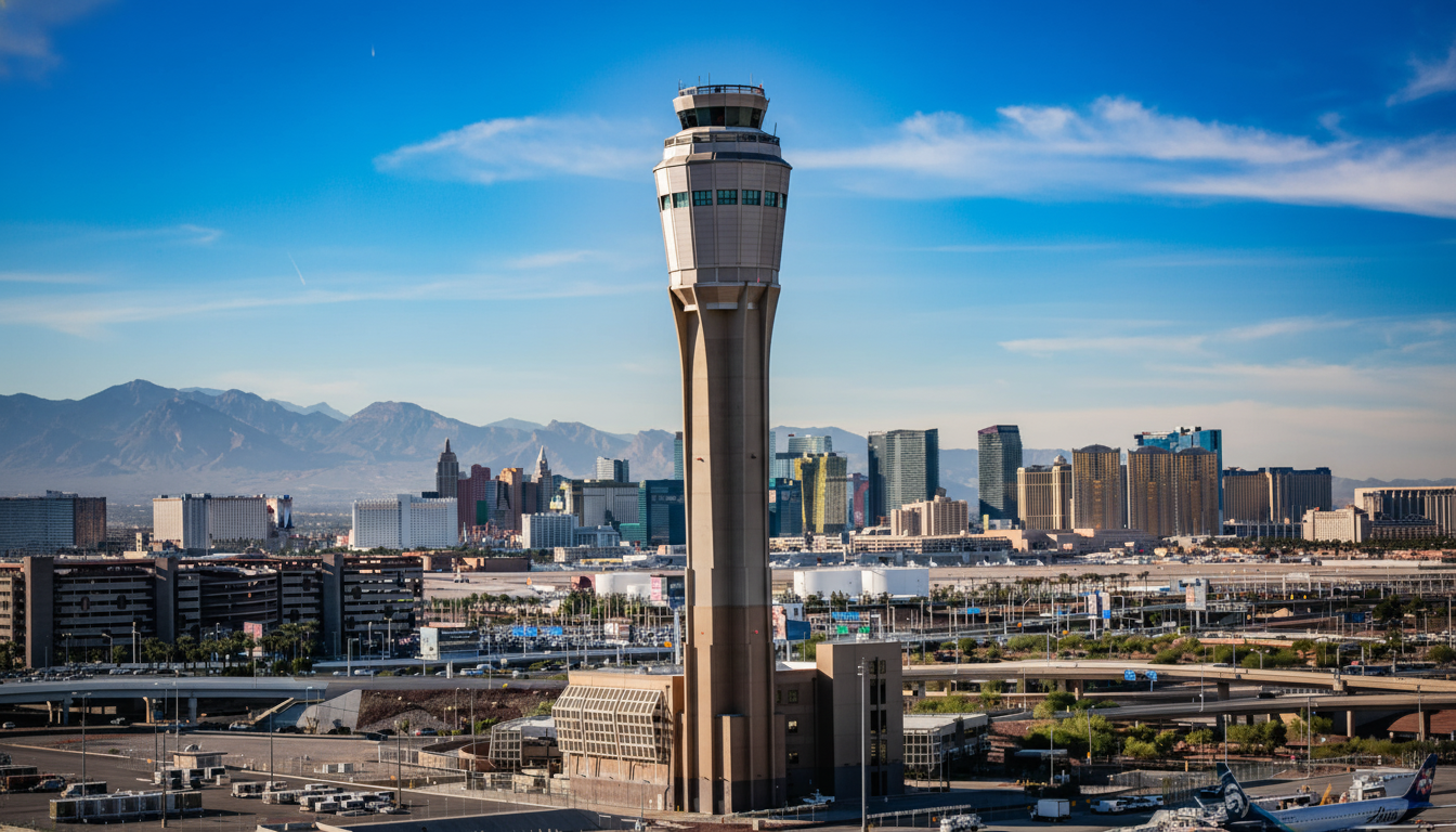An aerial view of the Harry Reid International Airport ( LAS) control tower with the Las Vegas Strip skyline in the background, set against a clear bl