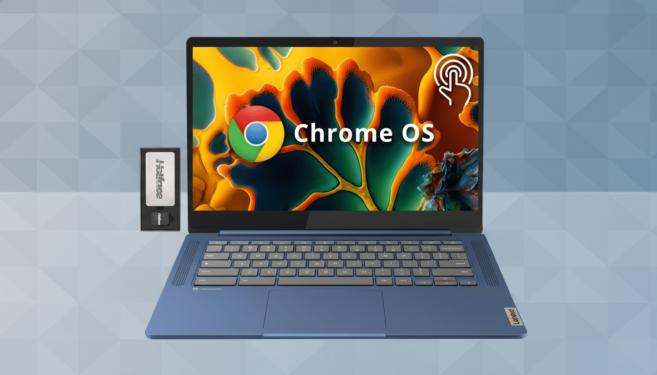 A blue Lenovo laptop displaying Chrome OS and the Chrome logo on its screen , with a USB drive next to it, set against a professional background .