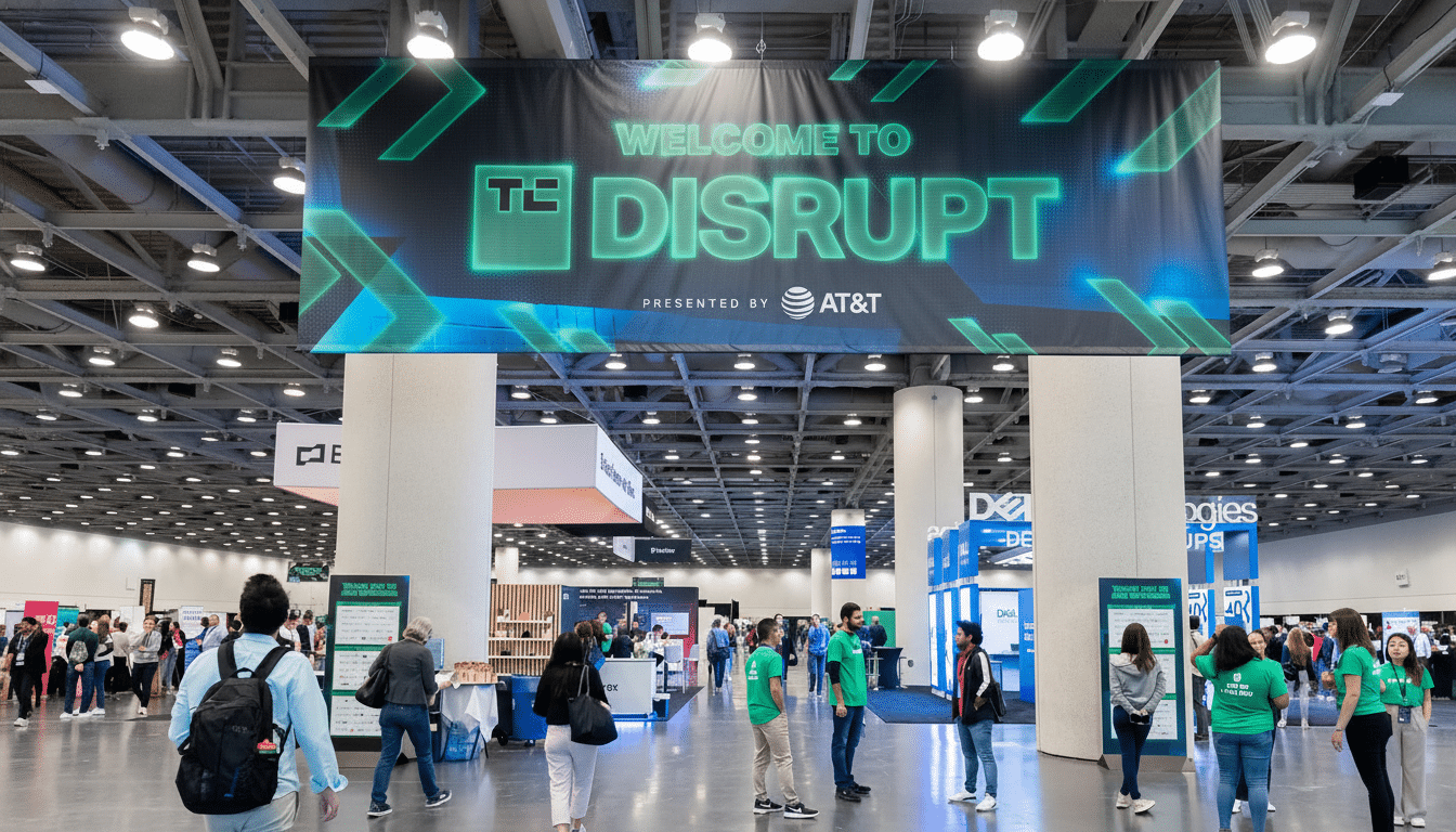 A banner welcoming people to Disrupt  presented by AT &T hangs above a bustling event hall with many attendees .