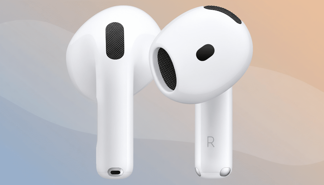 A pair of white AirPods on a professional background with soft blue and orange gradients.