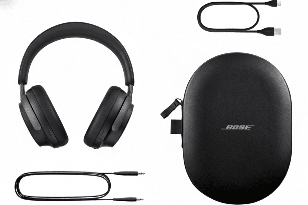 A professional overhead shot of black Bose headphones with a carrying case and two cables, resized to a 1 6:9 aspect ratio.