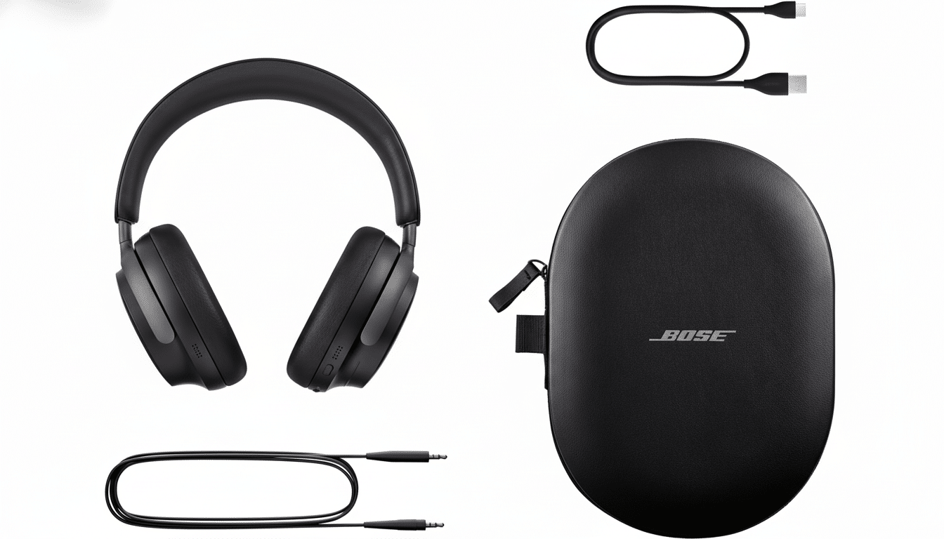 A professional overhead shot of black Bose headphones with a carrying case and two cables, resized to a 1 6:9 aspect ratio.