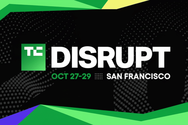 A professional banner for TC Disrupt with a black background, green geometric accents , and white text, resized to a 16: 9 aspect ratio. The event details OCT 27- 29 and SAN FRANCISCO are also visible .
