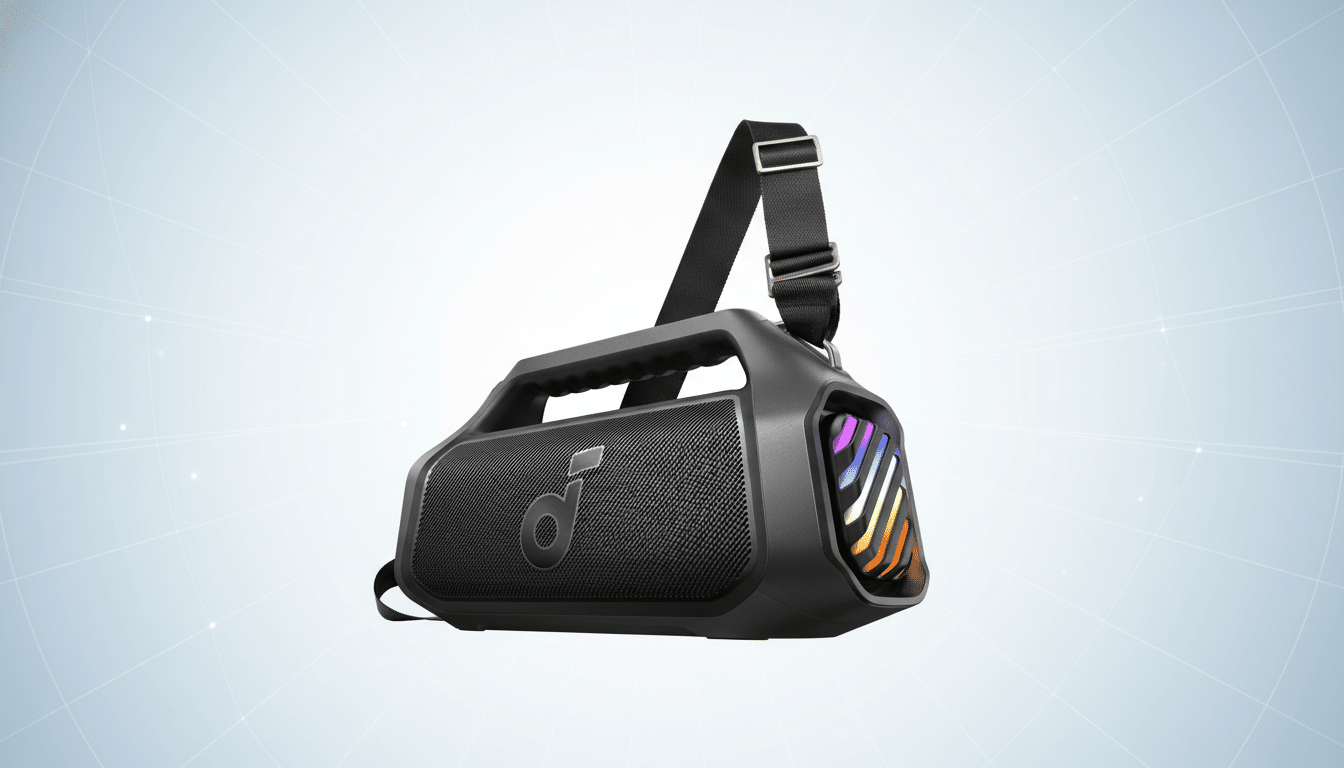 A black portable speaker with an adjustable strap and colorful LED lights on the side , presented on a light professional flat design background with subtle geometric patterns. Filename : professionalportable speaker. png