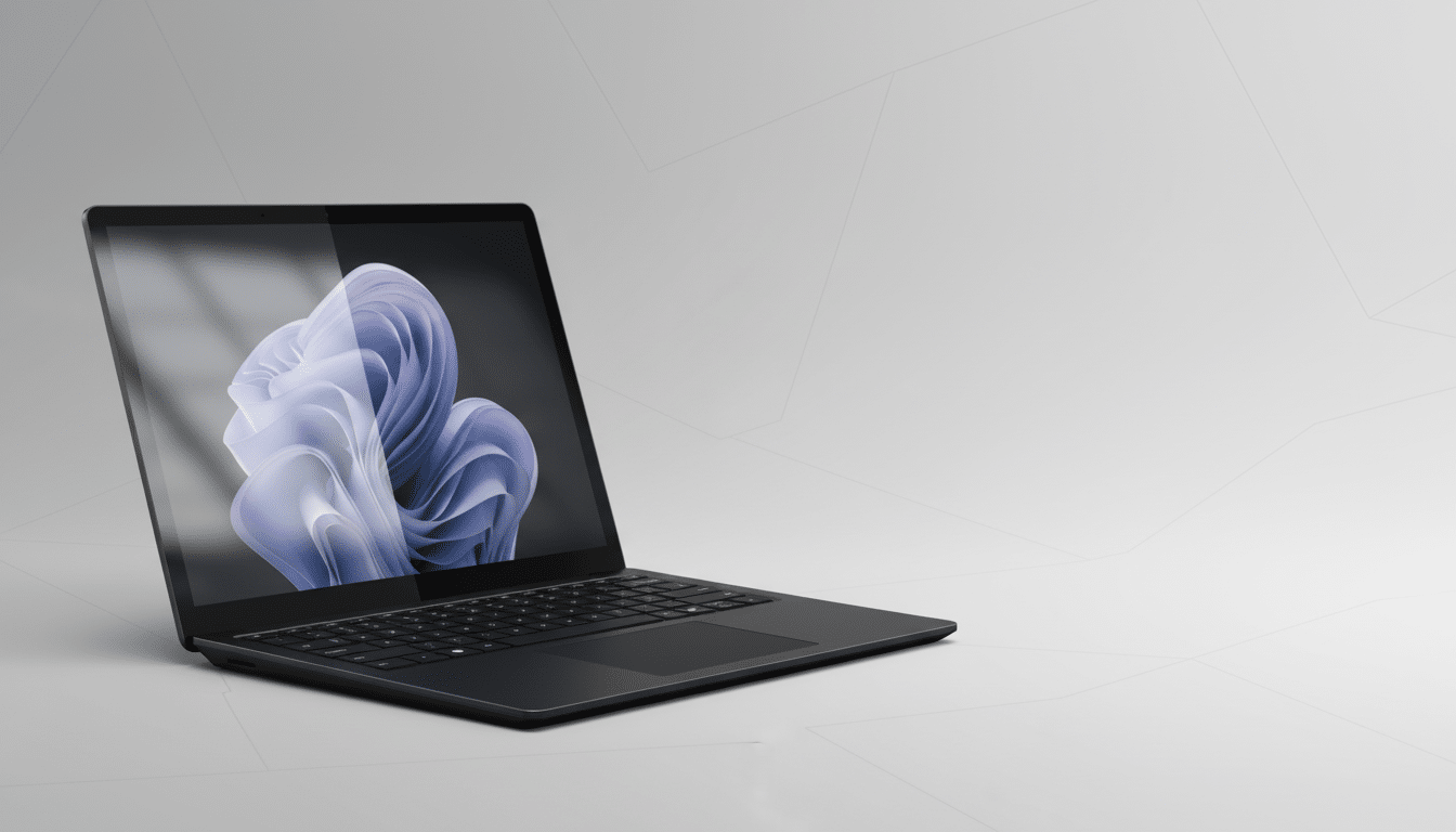 A professional image of a black laptop with a light purple and blue abstract design on the screen, presented on a clean , professional flat background with subtle geometric patterns .