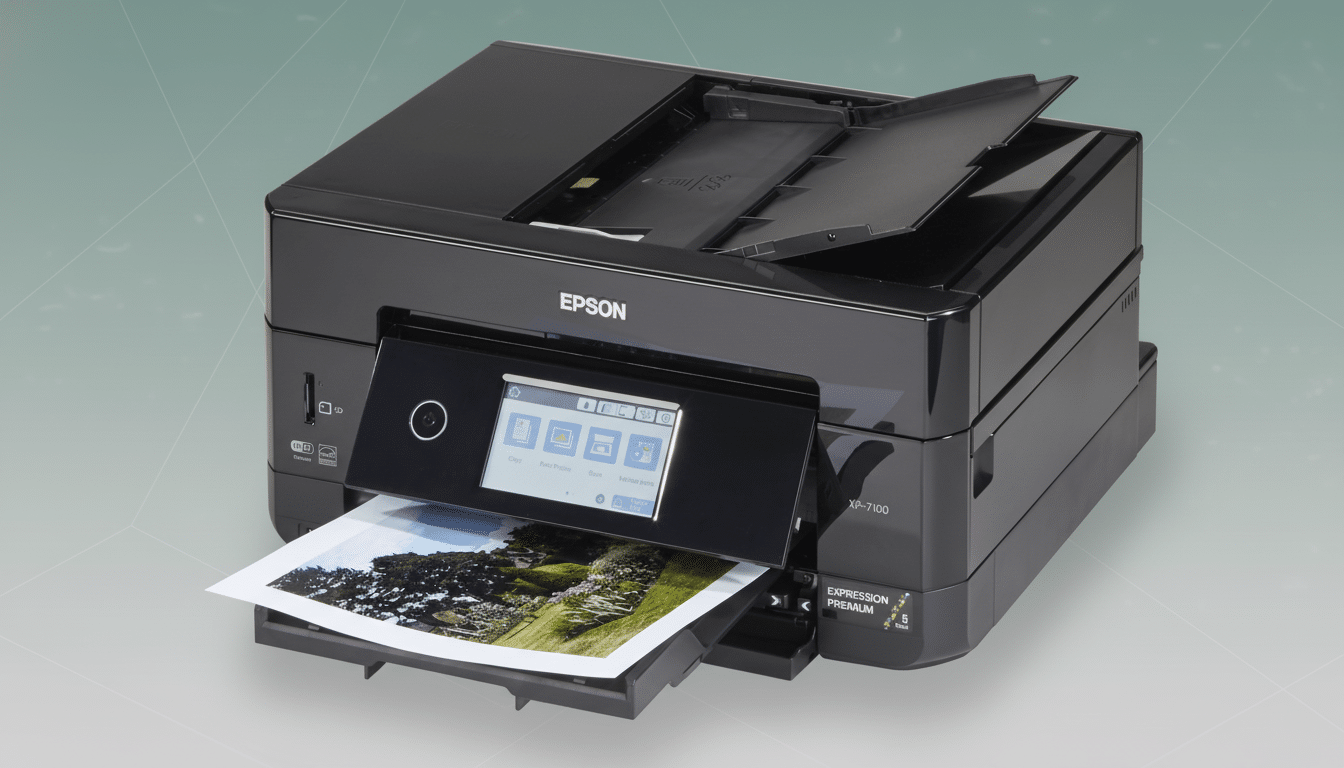 A black Epson Expression Premium XP-71 00 printer with a printed photo partially emerging from its output tray, set against a professional soft green gradient background with subtle geometric patterns.
