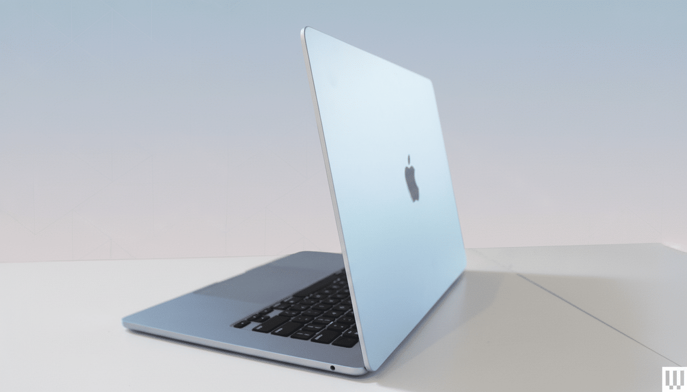 A professional , enhanced image of an open silver laptop, seen from a side angle , with a subtle gradient background in a 16: 9 aspect ratio.