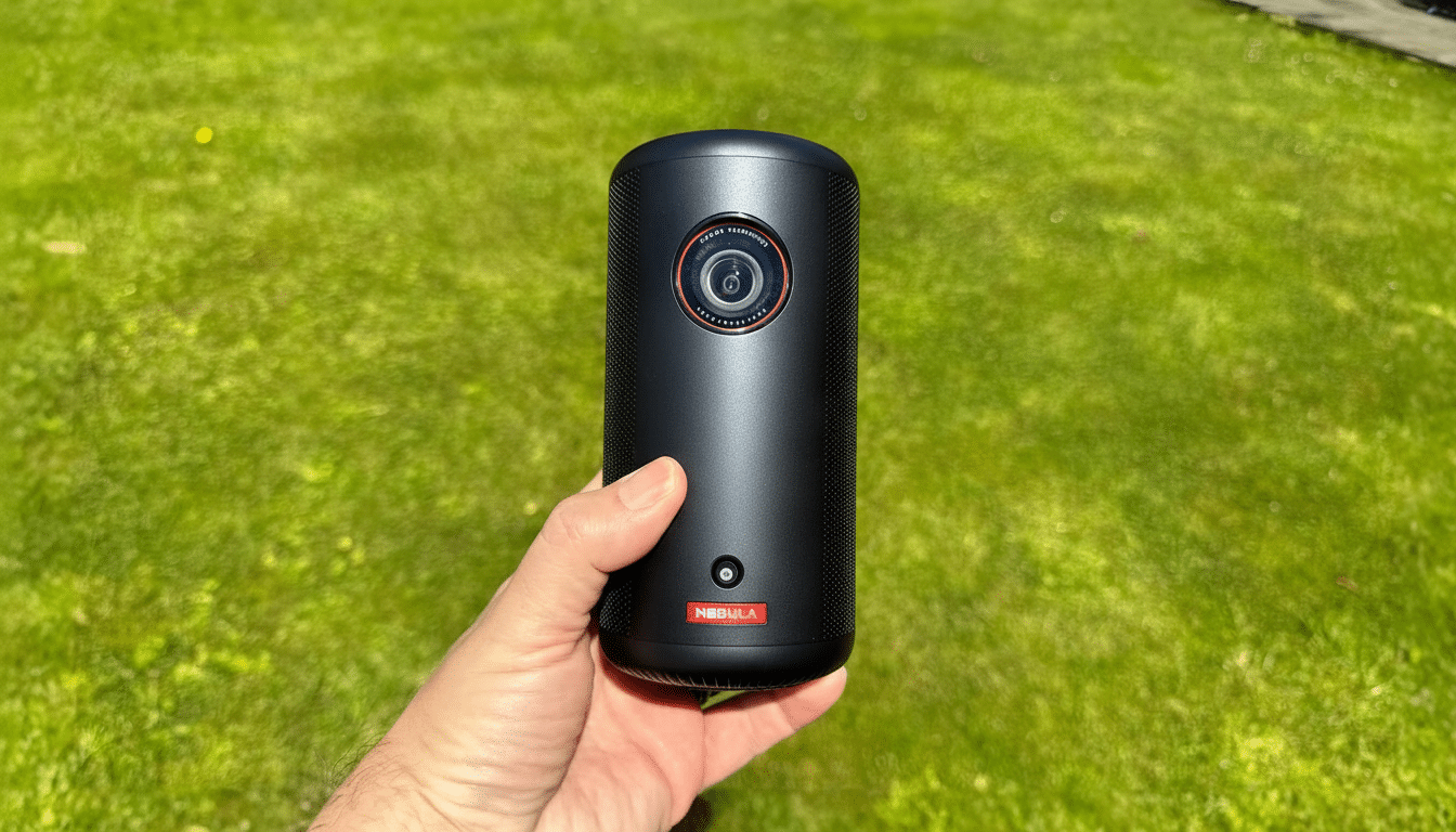 A hand holding a black cylindrical Nebula projector with a red logo against a green grass background. Filename : nebulaproject or16 9. png