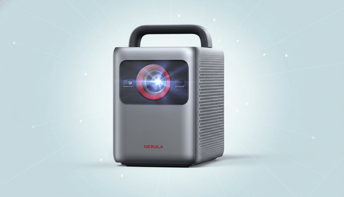 A gray Nebula projector with a red ring around its lens, set against a light gray background with subtle geometric patterns and soft blue accents , showcasing a professional and clean presentation .