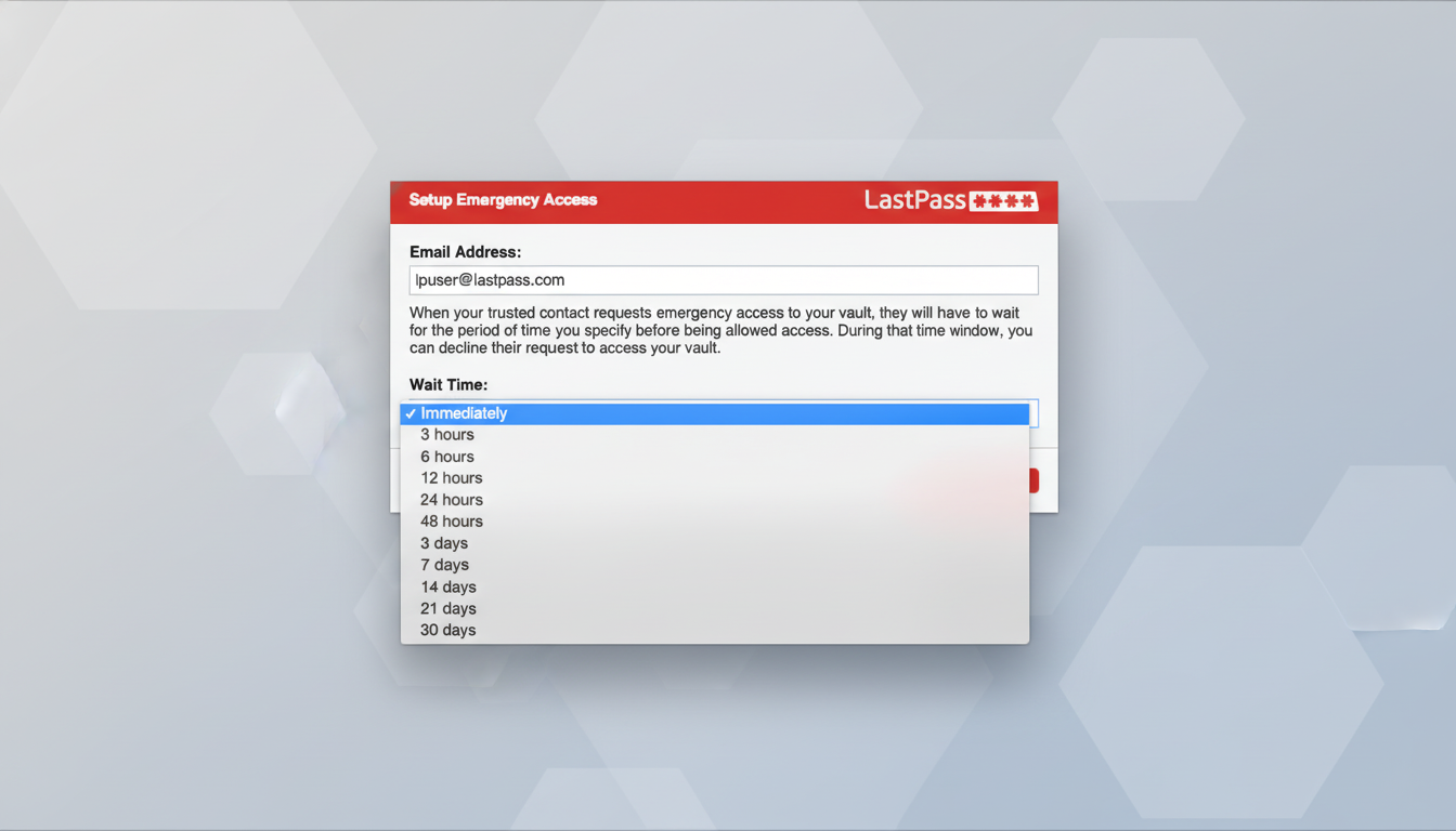 A screenshot of the LastPass Setup Emergency Access screen, showing a dropdown menu for Wait Time with Immediately selected. The background has been changed to a professional flat design with soft patterns.