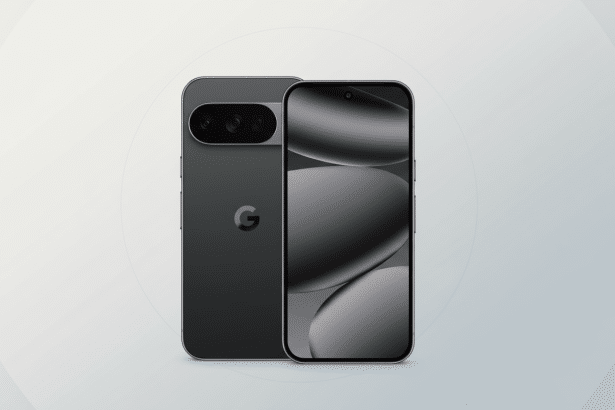 A professional, enhanced image of two dark grey Google Pixel phones , one showing the back with a G logo and camera bar , and the other showing the front screen , set against a subtle light grey gradient background with soft patterns, resized to a 1 6:9 aspect ratio. Filename : googlepixel phonesprofessional 16 9. png