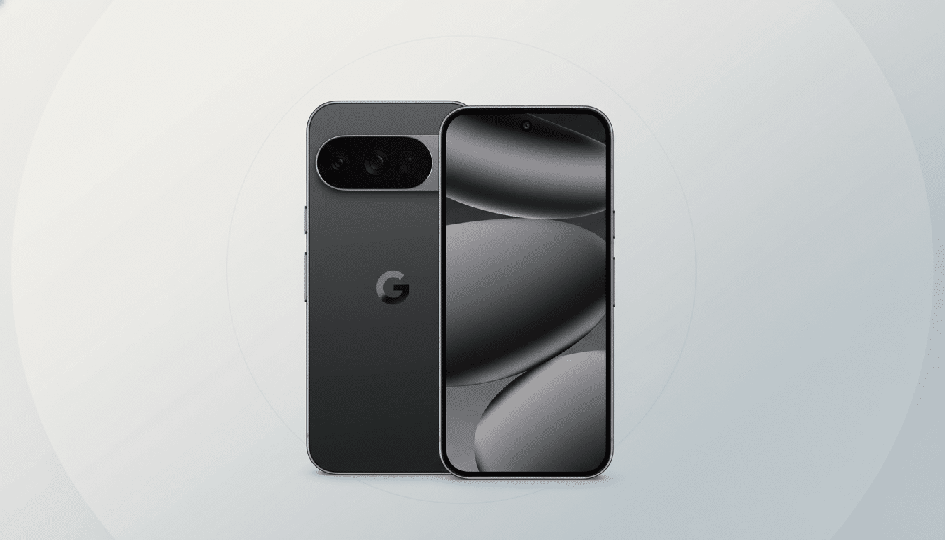 A professional, enhanced image of two dark grey Google Pixel phones , one showing the back with a G logo and camera bar , and the other showing the front screen , set against a subtle light grey gradient background with soft patterns, resized to a 1 6:9 aspect ratio. Filename : googlepixel phonesprofessional 16 9. png