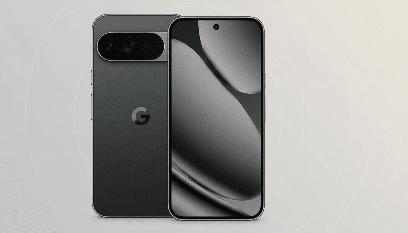 A professional shot of two dark gray smartphones , one showing its back with a G logo and camera bar , and the other displaying its screen with a dark, abstract wallpaper . The background is a subtle gradient with soft circular patterns, enhancing the clean presentation .