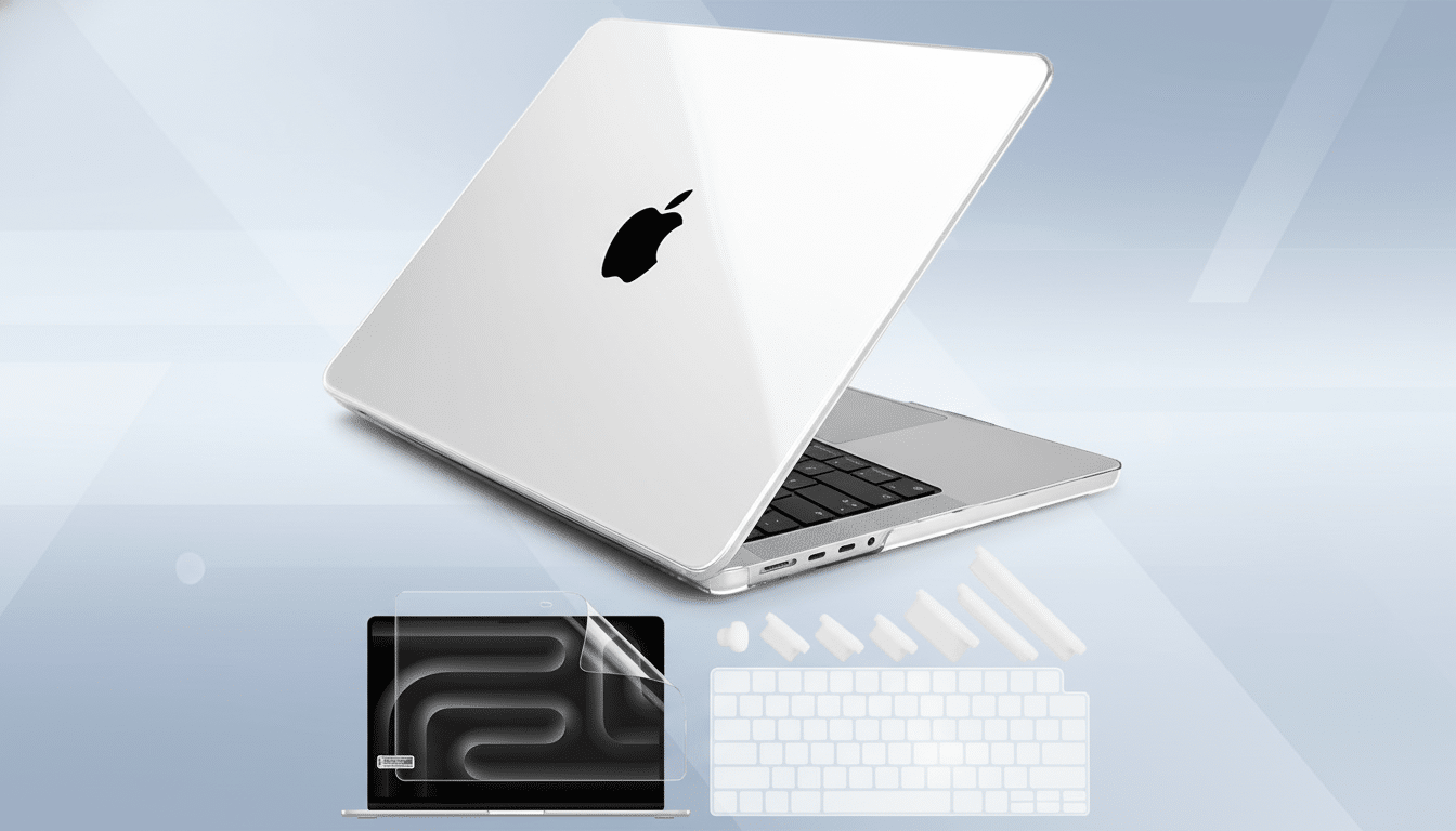 A professional image of a MacBook with a clear case, screen protector, and keyboard cover, set against a modern flat design background with soft patterns.