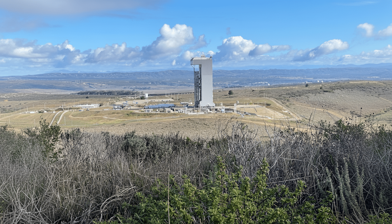 alt text: A launch tower stands tall in the middle of a vast , open landscape under a blue sky with