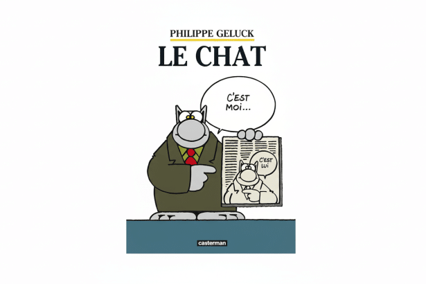 The cover of the comic book Le Chat by Philippe Gel uck, featuring the titular cat character holding up a smaller comic strip of himself .