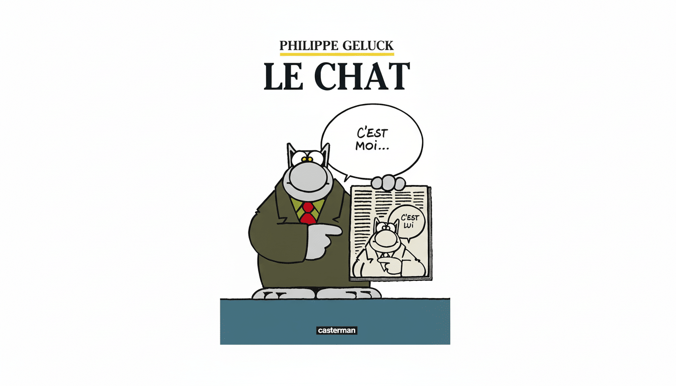 The cover of the comic book Le Chat by Philippe Gel uck, featuring the titular cat character holding up a smaller comic strip of himself .