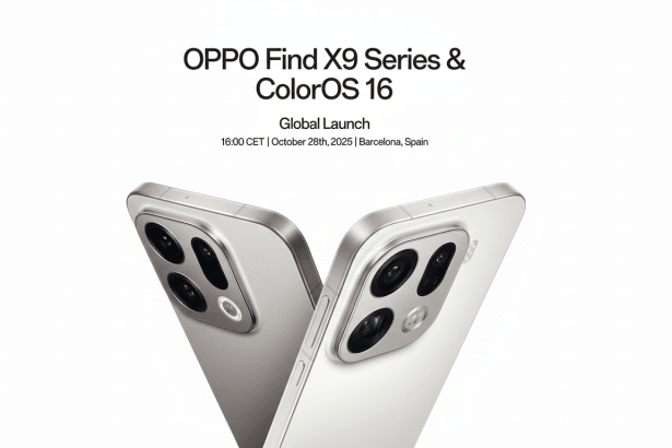An image promoting the OPPO Find X9 Series and ColorOS 1 6 Global Launch, scheduled for October 28th, 202 5, in Barcelona, Spain. Two smartphones , one light silver and one slightly darker gray, are displayed at the bottom of the image , showing their rear camera arrays . The background is clean white with black text.