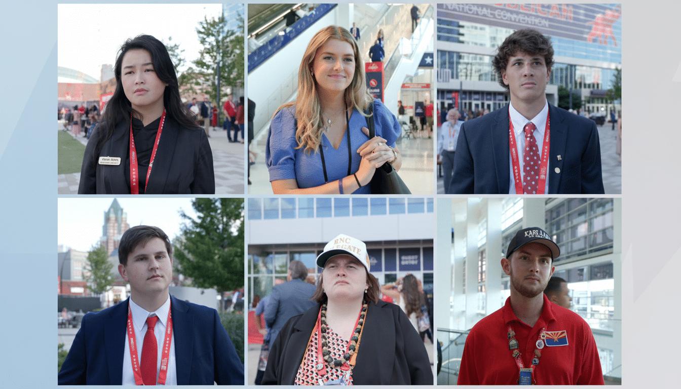 Six individual portraits of young adults attending an event, each framed in a square within a larger 16:9 canvas with a professional light blue gradient on the sides .