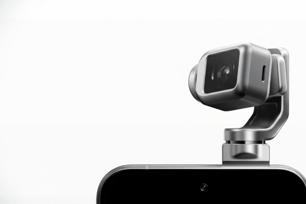 A sleek , silver camera attachment for a smartphone, shown against a clean white background, presented in a 16 :9 aspect ratio .